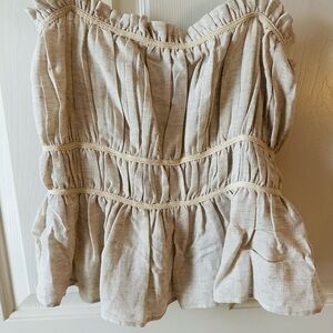 Zara Beige Spaghetti Strap linen Ruffle Top